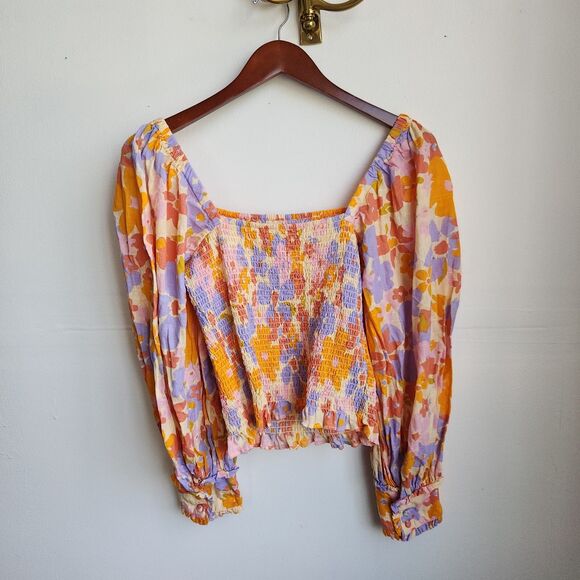 Free People Ariana Top Small Floral Smocked Square Neck Cottagecore Blouse - Picture 2 of 12